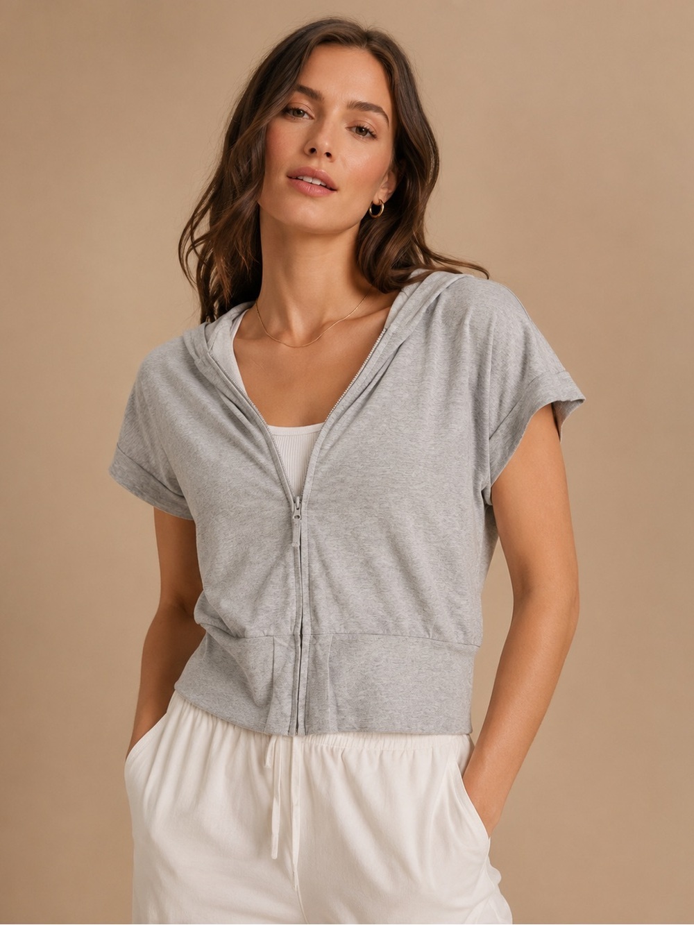 JWD Active Gray Short Sleeve Zip Hoodie Top | Athleisure Lightweight Size S
